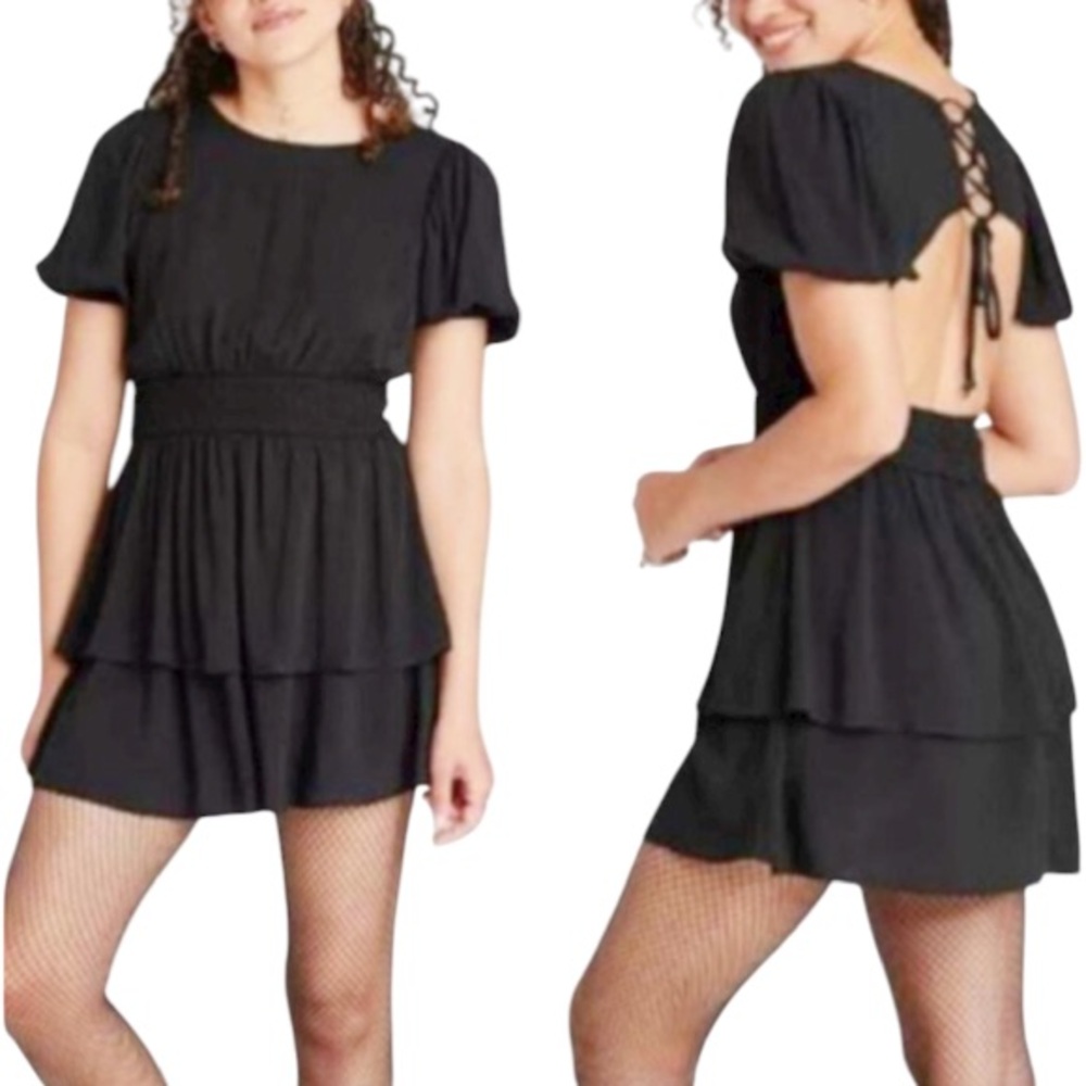 Wild Fable black backless lace up short sleeve layered mini dress size medium